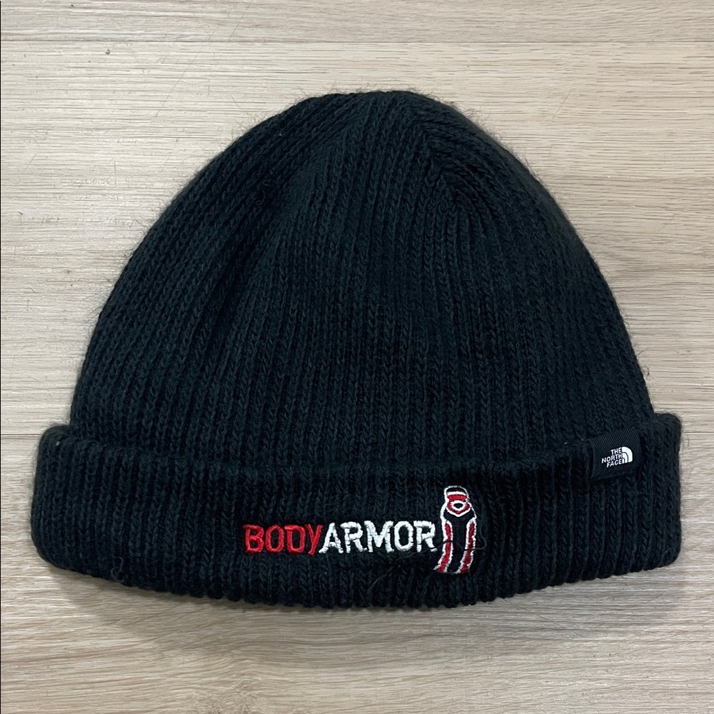 The North Face Black Knit Beanie with Red Embroidery